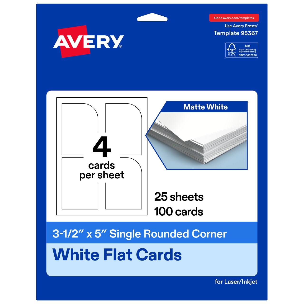 Avery Printable Single Rounded Corner Rectangle Flat Cards, 3-1/2" x 5", Matte White Cardstock, Print-to-The-Edge, Laser/Inkjet Printable, 40 Total, Great for Product Branding, Marketing, and More